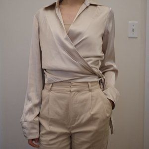 VTG St. John Silk Tie Front Wrap Blouse -gold